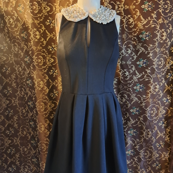 Little black dress Embellished Peter Pan beaded statement collar pearls retro - Picture 6 of 10